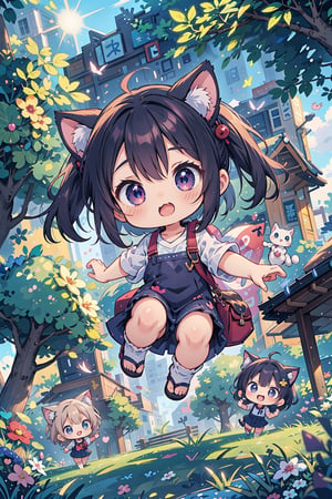 ((anime chibi style)), cute looking kitten with adorable eyes in the park, dynamic angle, depth of field,1girl