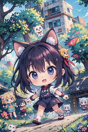 ((anime chibi style)), cute looking kitten with adorable eyes in the park, dynamic angle, depth of field,1girl