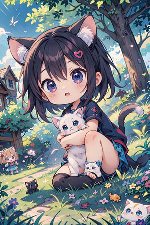 ((anime chibi style)), cute looking kitten with adorable eyes in the park, dynamic angle, depth of field,1girl