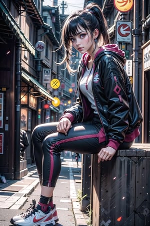 Master work, best picture quality, higher quality, ultra-high resolution, 8k resolution, exquisite facial features, perfect face, 1girl, solo, long hair, looking at viewer, bangs, black hair, red eyes, long sleeves, jewelry, sitting, closed mouth, jacket, full body, ponytail, weapon, sidelocks, earrings, shoes, socks, pants, sword, hood, blurry, depth of field, blurry background, black pants, katana, hood down, sheath, sneakers, hooded jacket, reflection, sheathed, nike

