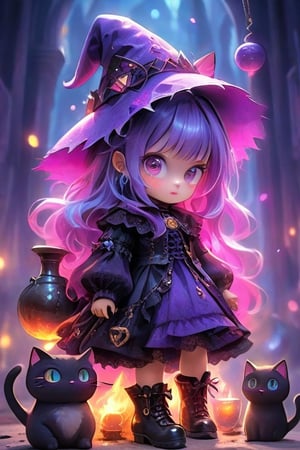 A witch. Digital painting, ultra-detailed, cinematic, masterpiece, beautiful and aesthetic, vibrant color, exquisite details and textures, Warm tone, ultra realistic illustration, (cute girl, 3year old:1.5), cute eyes, big eyes, (a sullen look:1.2), 16K, (HDR:1.4), high contrast, bokeh:1.2, lens flare, siena natural ratio, children's (1girl, whimsical cute young witch, full body shot, ral-vltne, elaborate witch outfit, elaborate witch hat, dress of vibrant colors, golds, reds, purples, lace up victorian boots on her feet. cats, potions, cauldron, elaborate witch lair, unreal, mystical, luminous, surreal, high resolution, sharp details, in 8k resolution), ultra hd, realistic, vivid colors, highly detailed, UHD drawing, perfect composition, beautiful detailed intricate insanely detailed octane render trending on artstation, 8k artistic photography, photorealistic concept art, soft natural volumetric cinematic perfect light, .chibi,Xxmix_Catecat,Tim Burton Style, Cyberpunk Fantasy,large-eyed 
