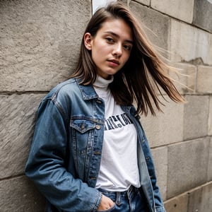 lovely cute young attractive teenage girl wearing a Turtle Neck T-shirt And a Jeans jacket with torn pants, 18 years old, cute, an Instagram model, Make her look more glamorous, High resoloution, Realistic style, Bangs, short blonde Hair, portrait, fullbody, portrait view from the half side bust, Side View,  photorealistic, photoshoot, aesthetic, plain background, Standing in front of a wall, realhand, Realism, Looking at the sky, Sexy Pose, Styles Pose, photorealistic, Striking Pose Realism, Portrait, photorealistic,photorealistic