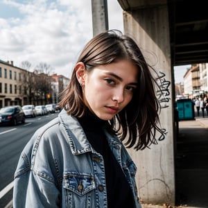 lovely cute young attractive teenage girl wearing a Turtle Neck T-shirt And a Jeans jacket with torn pants, 18 years old, cute, an Instagram model, Make her look more glamorous, High resoloution, Realistic style, side pose, Bangs, Long Hair, portrait, fullbody, photo from the half side, portrait view from the half side bust, Side View,  photorealistic, photoshoot, aesthetic, plain background, Standing in front of a wall, grafitti wall, realhand, Realism, Looking at the sky, Sexy Pose, Styles Pose, photorealistic, Striking Pose ,Realism,Portrait