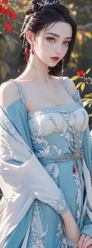 (Extremely detailed CG unified 8k wallpaper), ANCIENT_CHINESE_CASTLE_GARDEN_BACKGROUND, (((Masterpiece))), (((Best Quality))), ((Super Detailed)), (Best Illustration), (Best Shading), ( (Extremely exquisite and beautiful)), embodying the charm of ancient princesses, exuding beauty, sexiness and charm, with natural big breasts. Mesmerizing eyes convey mystery and seduction. Elegant and charming, with a slender figure and full of mystery. Off the shoulders, low cut. Ancient traditional Hanfu decorated with intricate patterns or ornate details. Seductive and elegant pose, beautyniji,ancient_beautiful