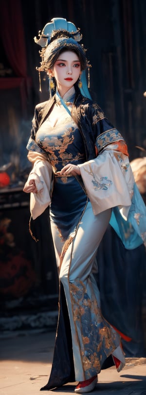 Realistic style, full body, on the stage of the ancient gorgeous theater, a 23-year-old Taiwanese beauty wears a Peking Opera actress's headdress, earrings, necklaces, bracelets, and a dark blue Peking Opera actress's short skirt made of top-quality silk Clothing (the clothing has exquisite white dragon and phoenix embroidery patterns), natural big breasts, bare feet, seductive smile, Peking Opera movements, panoramic view. (1girl: 1.4), (RAW photo, best quality), (real, photo real: 1.1), most Best Quality, Masterpiece, Beauty & Aesthetics, 16K, (HDR: 1.2), High Contrast, (Vivid Colors: 1.3), (Soft Colors, Dull Colors, Soothing Tone: 0), Cinematic Lights, Ambient Light, Side light, fine details and textures, cinematic shots, warm colors, (bright and intense: 1.1), wide angle shots, xm887, surreal illustration, Siena's natural proportions, silver hair, dynamic poses, body and hands The precise anatomy of four fingers and a thumb