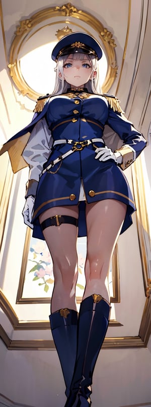 Realistic style, majestic and beautiful Taiwanese woman, noble and cold, with stern eyes, graceful figure, natural big breasts, perfect role play of the Imperial Navy Marshal, she wears a navy hat, elegant and neat navy marshal dress, white Wearing a shirt, suit, white gloves, golden epaulettes, a marshal's cape, and breeches and military boots, he stood coolly and elegantly in the lobby of the marshal's residence, with an oil painting in the background (from below: 1.4).