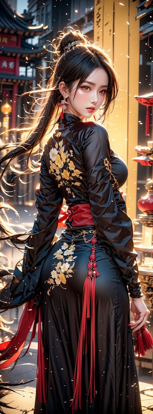 1girl, 23yo Taiwanese beauty, solo, cool, looking at viewer, brunette, hair accessory, long sleeves, dress, holding, yellow eyes, jewelry, closed mouth, standing, cowboy shot, earrings, outdoor, sky , looking back, clouds, from behind, nail polish, lips, belt, night, glow, chain, forehead mark, Hanfu, white dress, tassels, red nails, smoke, lantern, magic, East Asian architecture, high bun, pagoda