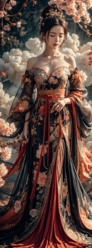 1girl, solo, long hair, black hair, hair ornament, dress, holding, jewelry, standing, closed eyes, weapon, flower, sword, hair flower, wide sleeves, water, hair bun, holding weapon, petals, holding sword, chinese clothes, single hair bun, cherry blossoms, sheath,Fairy in Clouds,dress floral print. (1girl: 1.4), (Original, Best Quality), (Real, Photo: 1.1), Best Quality, Masterpiece, Beauty and Aesthetics, 16K, (HDR: 1.2), High Contrast, (Vivid Colors: 1.3) , (soft colors, dark colors, soothing tones: 0), cinematic light, ambient light, side light, fine details and textures, cinematic lenses, warm colors (bright and intense: 1.1), wide angle photography, xm887, surreal illustration, tin Jena's natural proportions, silver hair, dynamic pose, precise internal anatomy of the body and hand, four fingers and a thumb, 1 girl