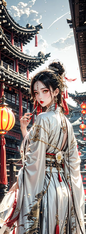 1girl, 23yo Taiwanese beauty, solo, cool, looking at viewer, brunette, hair accessory, long sleeves, holding, yellow eyes, jewelry, closed mouth, standing, cowboy shot, earrings, outdoor, sky , looking back, clouds, from behind, nail polish, red lips, belt, night, glow, chain, forehead mark, Hanfu, tassels, red nails, smoke, lantern, white python, magic, East Asian architecture, high bun, pagoda