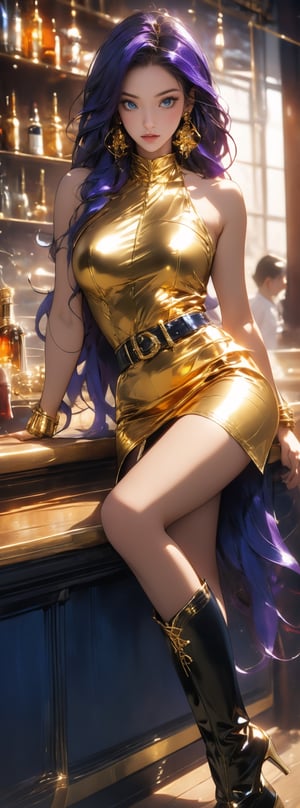 1girl, Taiwanese supermodel, solo, with thick (long purple hair), golden leather clothes hanging down naturally, revealing her natural large breasts, looking at the audience, wearing a high-shoulder sleeveless skirt, a Golden belt, bare shoulders, and a gold Earrings, golden very high-heeled leather boots, perfect long legs, bright blue eyes, heavy makeup and red lips, she sat at the bar.