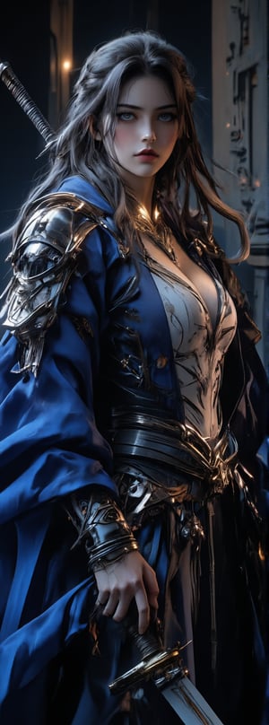 Score_9, score_8_up, score_7_up, A majestic warrior maiden stands tall, her luscious locks cascading down her back like a river of night. Her ample bosom is showcased beneath ornate golden armor, accentuating her hourglass figure. A flowing royal blue cloak billows behind her, contrasting with the crisp white background. Delicate fingers grasp the hilt of her sword, as if ready to strike. In the background, an oil painting adorns the wall, its subjects seeming to fade into the shadows. The lighting is dramatic, with a warm glow highlighting her regal features. Movie special effects grade style.