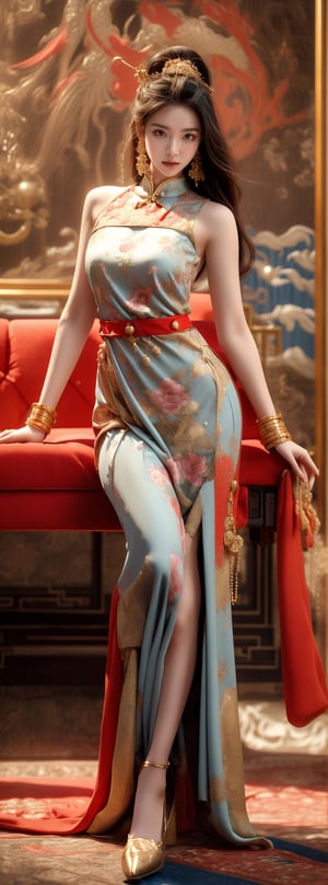 a 23-year-old Chinese beauty wearing a gorgeous high-collar dress, with an elegant and leisurely face, standing near a gorgeous single baroque sofa with a blue background and gold edges. Her outfit is predominantly white with navy blue trim and detailed with a detailed peony pattern. Her perfect long legs were exposed, and there was a blue and white porcelain teapot and teacup on the table next to the chair, indicating that this was a tea party. The floor beneath her feet was strewn with pearls and red beads. Directly behind the background is a gold-framed Chinese painting, and ornate interior decoration surrounds the central figure, adding to the luxurious feel of the scene.