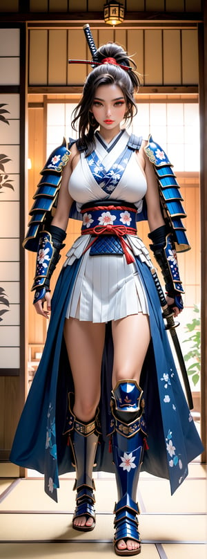 A 23 years old sexy and beautiful Japanese woman with oversize natural breasts, solo, cool, full body, is playing the role of a traditional Japanese samurai, wearing ((white and blue epic samurai armor)), her katana is decorated with the ancient four diamond totem, With the background being a traditional Japanese house.