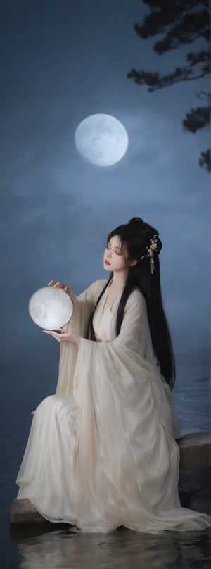 score_9, score_8_up, score_7_up, score_6_up, In the night sky, there is a bright moon, and the moonlight shines on the water. A long-haired beauty wearing Hanfu is sitting by the water playing the guqin. Chiaroscuro, beautiful human silhouette effect, moon focus