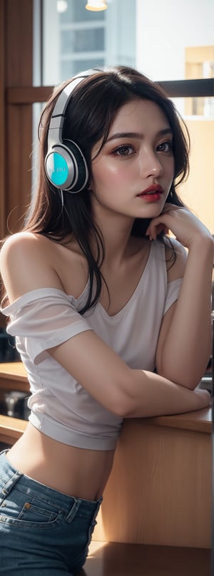 A Korean beauty, 23 years old, solo, wearing a white shirt, one shoulder, leaning on the bar, wearing headphones, holding her cheek with one hand, black super long hair, clear hair, tired expression, looking lazily at the camera, Ultra wide angle, backlight, light and dark effects, realistic style,