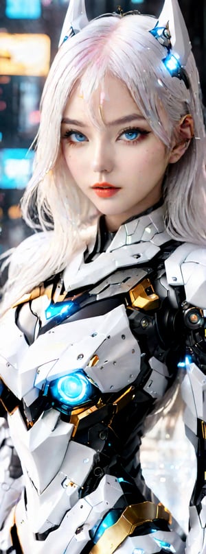 Best quality, high resolution, 8k, realistic, sharp focus, realistic image of elegant lady, Korean beauty, supermodel, pure white hair, blue eyes, wearing high-tech cyberpunk style white batgirl suit, glowing look , sparkling suit, mecha, perfectly customized high-tech suit, ice theme, custom design, 1 girl