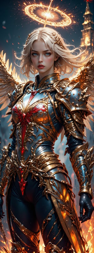 Score_9, score_8_up, score_7_up, In this cinematic masterpiece, a majestic female angelic inquisitor stands tall, her platinum locks cascading down like a river of gold. Her piercing eyes seem to bore into the soul as she clutches a holy sword. Above her head, a radiant halo shines bright, while golden wings spread wide, their delicate feathers glinting in the flickering flames that engulf the distant castle. The red cross on her armor stands out against the fiery backdrop, its intricate details rendered with precision. The metal armor appears to flash with an otherworldly intensity, as if infused with the very essence of the inferno. Ultra-high resolution and exquisite detail bring this fantasy world to life in a style reminiscent of movie special effects. Movie special effects style.