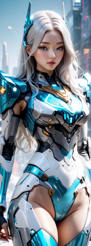 Best picture quality, high resolution, 8k, realistic, sharp focus, realistic image of elegant lady, Korean beauty, supermodel, pure white hair, blue eyes, wearing high-tech cyberpunk style blue Batgirl suit, radiant Glow, sparkling suit, mecha, perfectly customized high-tech suit, ice theme, custom design, 1 girl