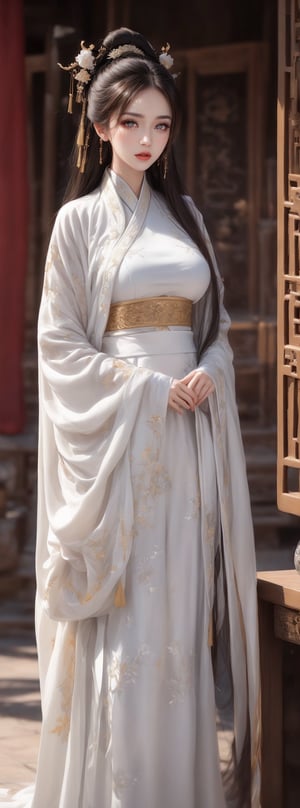 A solemn-faced oriental ancient-style young woman with flowing long hair, perfect figure and perfect legs, wearing white Hanfu, holding a scroll in both hands, facing the viewer, upper body, portrait