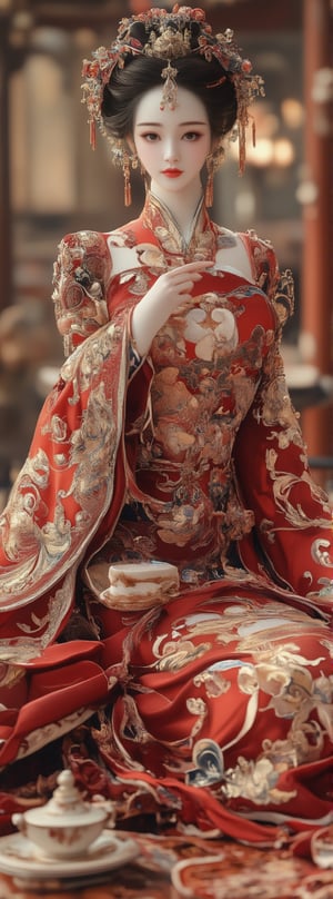 Score_9, score_8_up, score_7_up, a beautiful beauty with ancient oriental charm, wearing a red gold phoenix embroidered wedding dress, with an elegant frontal posture, surrounded by the splendor of a luxurious wedding banquet. With her long legs stretched out on the ground and a cup of tea in her hand, she exuded a calm demeanor. The Tang Dynasty-style headdress and jewelry added to her beauty, while the red open sleeves and thin shoulders highlighted her curves. In the background, the luxurious interiors of the mansion create a lively atmosphere, and the panoramic view transports the viewer into this unforgettable moment. Movie special effects style.