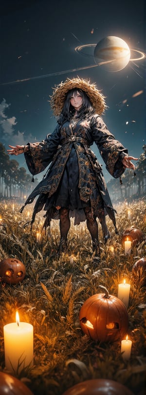 Score_9, score_8_up, score_7_up, A hauntingly beautiful female scarecrow wearing a giant straw hat stands triumphantly in a wheat field illuminated by Halloween decorations, pumpkin heads and twinkling eerie candles. Wax light surrounded her, illuminating her mechanical features, her delicate face. The dark night sky overhead is dominated by majestic Saturn, its rings sparkling like diamonds. She freezes in a powerful pose, gazing intently at the viewer with a fierce air. Blurred motion captures the dynamic energy of the scene, placing the viewer right in the middle of the action. Movie special effects style.