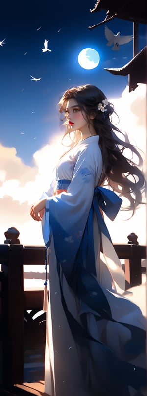 score_9, score_8_up, score_7_up, score_6_up, midnight. a 23-year-old Taiwanese long-haired beauty wearing white Hanfu. With a sad look on her face, She stands on a bridge made of many magpies in the sky, next to colorful clouds, she looked up at the moon which was glowing with blue light. There are several white pear flowers blooming on the branches. Chiaroscuro, beautiful human silhouette effect, moon focus