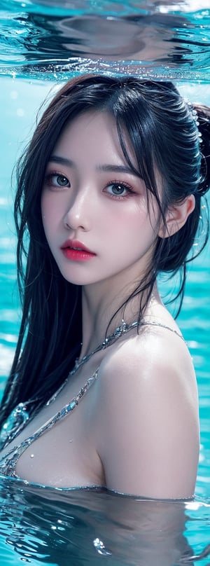 1 girl, 23-year-old Taiwanese beauty, solo, cool, long hair, looking at the audience, bangs, black hair, natural big breasts, jewelry, shut up, green eyes, watery lips, makeup, portrait, partially submerged, red lips,