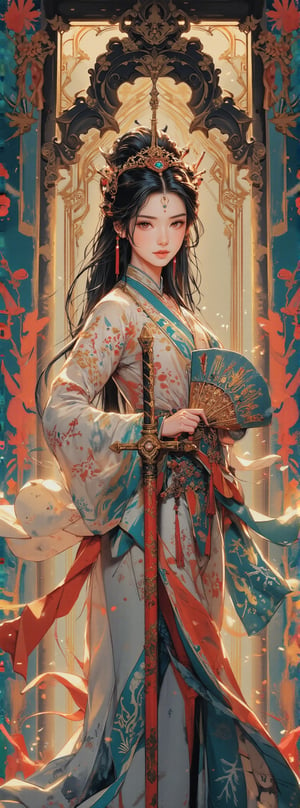 Score_9, score_8_up, score_7_up, In a majestic ancient Oriental palace, an exquisite beauty stands confidently in a lavish setting. She wears a sumptuous gown with intricate embroidery, adorned by a stunning array of accessories. Holding a gleaming sword hilt in one hand and an elaborate fan with traditional patterns in the other, she poses majestically. Her delicate tiara sparkles with gemstones, its tassels flowing down her back like ribbons. Amidst lush greenery and vibrant flowers, soft golden light casts a warm glow on the intricately tiled palace walls, creating a serene atmosphere. Movie special effects grade style.