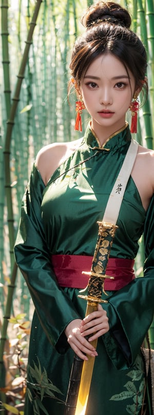 1girl, solo, long hair, looking at viewer, black hair, hair ornament, long sleeves, dress, holding, jewelry, upper body, weapon, earrings, sword, hair bun, holding weapon, sash, leaf, facial mark, holding sword, chinese clothes, single hair bun, nature, forest, forehead mark, bamboo, falling leaves, bamboo forest