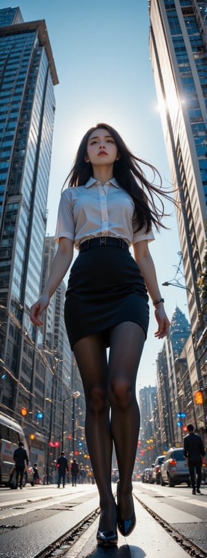 Score_9, score_8_up, score_7_up, A stunning, photorealistic masterpiece! A beautiful office lady walks down a bustling city street from a low-angle, fish-eye wide-angel lens, gazing up at the bright sky. Her striking features are framed by her long black hair. The camera focuses on her black high heels, showcasing the detailed soles and emphasizing her entire outfit: sleek black stockings, a fitted pencil skirt, and a stylish blouse. Tall skyscrapers and streetlights tower above, creating a dramatic contrast with the bright sky. Sunlight casts reflections on the glass buildings, adding depth and movement. The dynamic perspective enhances her elegant stride, with subtle details in the background like passing cars and blurred pedestrians, immersing us in the vibrant urban atmosphere. Movie special effects grade style.