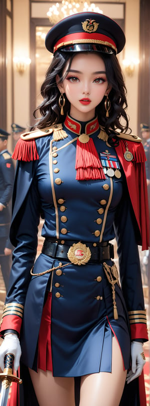 23-year-old Taiwanese beauty, supermodel, solo, cool, long black curly hair, looking at the viewer, blue eyes, long sleeves, shut up, red lips, standing, coat, weapons, gorgeous earrings, belt, matching sword, white Gloves, hats, double-breasted uniforms, uniforms, collars, medals, medal belts, epaulettes, epaulette tassels, commander's cloaks, banquet halls
