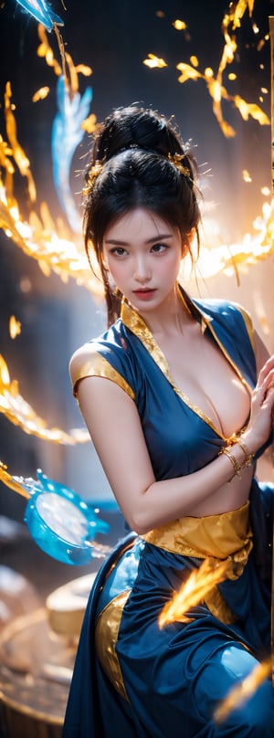 The realistic-style "Street Fighter" Chun-Li opens her hands in front of her chest and stares ahead (the storm of blue fireballs condensed in her palms is full of speed and thunder). The blue fireball storm is about to fly forward. The background is black. Intricate high detail painting, 45 degree side view, ultra quality, UHD, super resolution, Rembrandt lighting, 8k, hyper-realistic.,chun li,(thin),glowing forehead