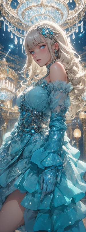 Score_9, score_8_up, score_7_up, In a lavish palace ballroom, a stunning female figure stands poised on the grand stage beneath a majestic crystal chandelier. Her exquisite features shine with radiant skin and soft, ethereal light casting gentle curves on her porcelain complexion. Long platinum locks are elegantly curled, framing her face and sparkling sapphire blue eyes that seem to dance with regal refinement. A luxurious Tiffany blue dress drapes layers of tulle, creating a dramatic silhouette, as she assumes a regal curtsey, her dynamic pose exuding confidence and poise. The camera captures her full body in perfect anatomy, highlighting the intricate details of her skin textures and sparkling crowns that add to the opulence of the scene. In Full HD, every aspect of this digital drawing is rendered with precision and depth, inviting the viewer to step into the grandeur of the palace ballroom. Movie special effects grade style.