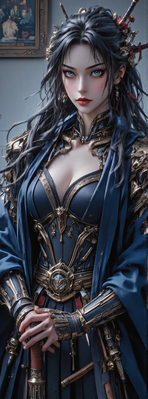 Score_9, score_8_up, score_7_up, A majestic warrior maiden stands tall, her luscious locks cascading down her back like a river of night. Her ample bosom is showcased beneath ornate golden armor, accentuating her hourglass figure. A flowing royal blue cloak billows behind her, contrasting with the crisp white background. Delicate fingers grasp the hilt of her sword, as if ready to strike. In the background, an oil painting adorns the wall, its subjects seeming to fade into the shadows. The lighting is dramatic, with a warm glow highlighting her regal features. Movie special effects grade style.