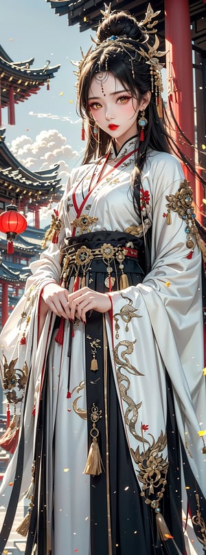 1girl, 23yo Taiwanese beauty, solo, cool, looking at viewer, brunette, hair accessory, long sleeves, holding, yellow eyes, jewelry, closed mouth, standing, cowboy shot, earrings, outdoor, sky, clouds, from below, nail polish, red lips, belt, night, glow, chain, forehead mark, Hanfu, tassels, red nails, smoke, lantern, white python, magic, East Asian architecture, high bun, pagoda