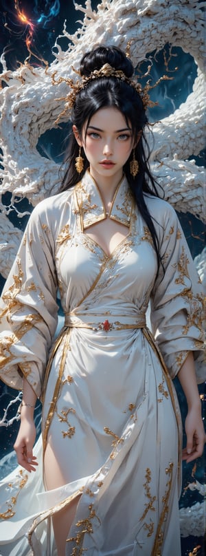 Score_9, score_8_up, score_7_up, score_6_up, A stunning ancient oriental beauty with a perfect figure, wearing white Hanfu, with exquisite facial features and exquisite black eyes, a white huge thunder snake behind her. Her silky dress had intricate patterns that added a touch of glamor to her outfit. The woman wears a hairpin on her head, her long black hair is tied into a bun at the back of her head, and she wears gold earrings. The background is the Forbidden City in the sky, with colorful clouds blending together, adding depth to the scene. Movie special effects grade style.