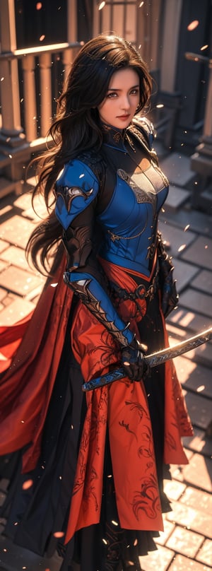 an ancient oriental beauty, solo singer, cool, perfect interpretation of European fantasy medieval knight. She has big natural breasts and a perfect figure. She is wearing the costume of the Knights Hospitaller, a cloak, and long blue hair. She looks up at the viewer, holding a big sword in her hand, and standing on the streets of medieval Europe. (1 Girl: 1.4), (RAW Photo, Best Quality), (Real, Photo Real: 1.1), Best Best Quality, Masterpiece, Beauty and Aesthetics, 16K, (HDR: 1.2), High Contrast, (Vivid Color: 1.3), (Soft Color, Dull Color, Soothing Color: 0), Cinema Lighting, Ambient Lighting, Side Light, Fine Detail and Texture, Cinematic Lens, Warm Color (Bright and Intense: 1.1), Wide Angle Lens, xm887, hyper - Realistic illustrations, Shino's natural proportions, dynamic poses, (accurate body and hand anatomy, four fingers and a thumb), (from above: 1.2)