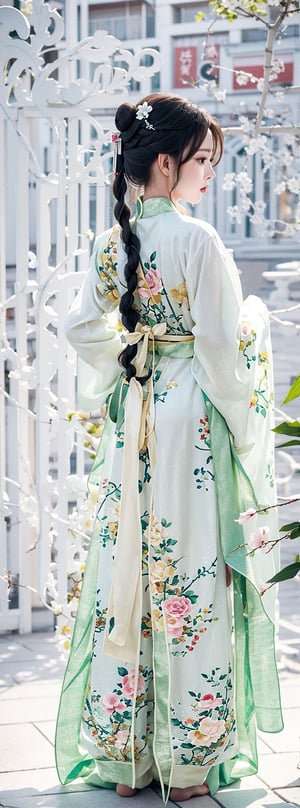 1girl, solo, long hair, simple background, black hair, hair ornament, long sleeves, white background, dress, very long hair, standing, full body, braid, flower, barefoot, hair flower, hair bun, from behind, white dress, sleeves past wrists, sash, single braid, chinese clothes, single hair bun, braided ponytail, facing away, hanfu