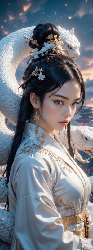 Score_9, score_8_up, score_7_up, score_6_up, a magazine cover with text "The Legend of White Snake", a stunning ancient oriental beauty with a perfect figure, wearing white Hanfu, with exquisite facial features and exquisite black eyes, a white snake behind her. Her silky dress had intricate patterns that added a touch of glamor to her outfit. The woman wears a hairpin on her head, her long black hair is tied into a bun at the back of her head, and she wears gold earrings. The background is the Forbidden City in the sky, with colorful clouds blending together, adding depth to the scene. Movie special effects grade style.