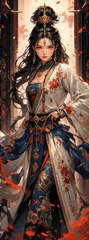 Score_9, score_8_up, score_7_up, An anime styleregal beauty stands majestically within an opulent ancient oriental palace, her lavish dress a masterpiece of ornate embellishments, intricate embroidery, and dazzling accessories. The traditional pattern-adorned silk fabric shimmers in harmony with bright colors and elaborate headdresses, blending Eastern aesthetics and martial arts flair. Framed by intricately carved wooden screens and sweeping archways, the stately subject's pose exudes confident poise, as if ready to unleash her inner warrior. Movie special effects grade style.