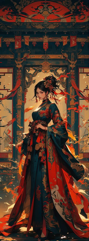 Score_9, score_8_up, score_7_up, An anime styleregal beauty stands majestically within an opulent ancient oriental palace, her lavish dress a masterpiece of ornate embellishments, intricate embroidery, and dazzling accessories. The traditional pattern-adorned silk fabric shimmers in harmony with bright colors and elaborate headdresses, blending Eastern aesthetics and martial arts flair. Framed by intricately carved wooden screens and sweeping archways, the stately subject's pose exudes confident poise, as if ready to unleash her inner warrior. Movie special effects grade style.