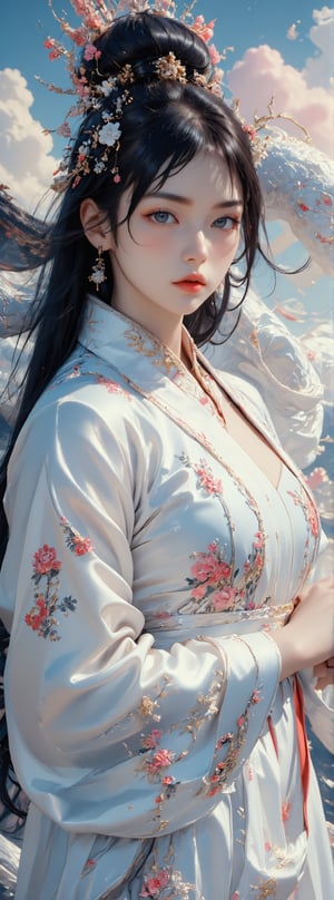 Score_9, score_8_up, score_7_up, score_6_up, A stunning ancient oriental beauty with a perfect figure, wearing white Hanfu, with exquisite facial features and exquisite black eyes, holding a white thunder snake in one hand. Her silky dress had intricate patterns that added a touch of glamor to her outfit. The woman wears a hairpin on her head, her long black hair is tied into a bun at the back of her head, and she wears gold earrings. The background is the Forbidden City in the sky, with colorful clouds blending together, adding depth to the scene. Movie special effects grade style.