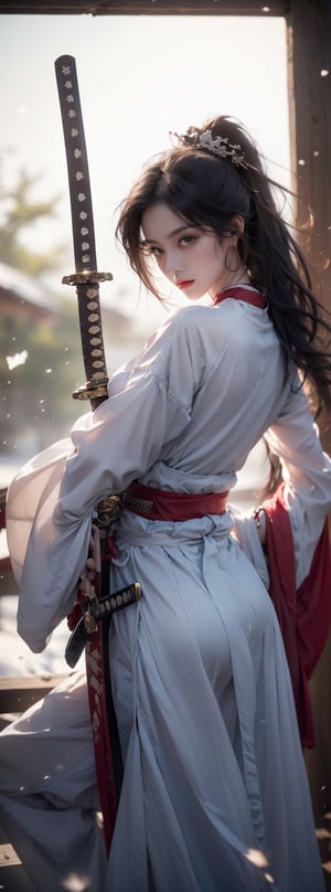 1girl,Sweet,, ,full body ,large breasts,The background is winter,snowy garden,1 girl,beautiful girl,Female Samurai, Holding a Japanese Sword, shining bracelet,beautiful hanfu(white, transparent),cape, solo, {beautiful and detailed eyes}, calm expression, natural and soft light, delicate facial features,very small earrings, ((model pose)), Glamor body type, (dark hair:1.2),  beehive,long ponytail,very_long_hair, hair past hip, curly hair, flim grain, realhands, masterpiece, Best Quality, photorealistic, ultra-detailed, finely detailed, high resolution, perfect dynamic composition, beautiful detailed eyes, eye smile, ((nervous and embarrassed)), sharp-focus, full_body, sexy pose,cowboy_shot,Samurai girl,glowing forehead,lighting, Japanese Samurai Sword (Katana),girl,xuer ai yazawa style girl,samurai