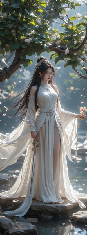 Score_9, score_8_up, score_7_up, A stunning scene unfolds: A single girl with long, flowing black hair adorned with a hair ornament stands tall, her upper body framed by a lush tree's branches. She wears a crisp white Chinese-style dress and holds a gleaming sword in one hand, its edge glinting in the soft light. Her other hand cradles a bouquet of delicate petals, as if plucked from the nearby flowers that fall gently around her like a natural veil. The air is serene, with the water's gentle lapping creating a soothing background hum. movie special effects style.