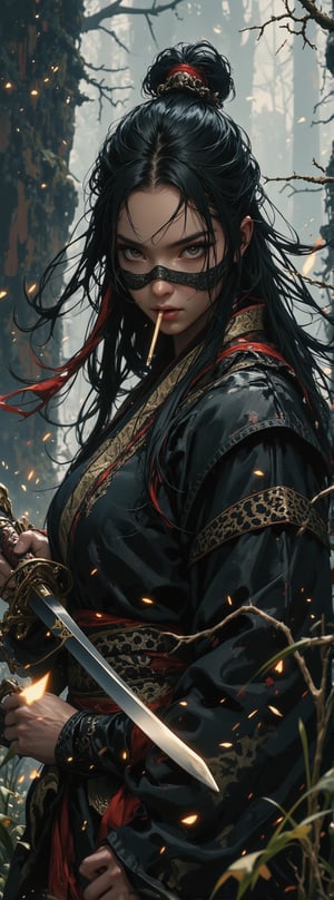 #荒野金刀獨眼龍
A cinematic shot of an imposing figure emerging from darkness: an ancient Oriental beauty stands amidst rustling grass and twisted branches, eyes scanning the desolate wilderness as she clutches a gleaming golden sword with leopard's head hilt, its blade protruding from mouth. Eyepatch covers left eye, scar above her left eyebrow tells battles' tale. Right eye, steadfast and strong, surveys unforgiving land, ready to defend against all comers. Ultra-low angle wide-angle lens captures her commanding presence.