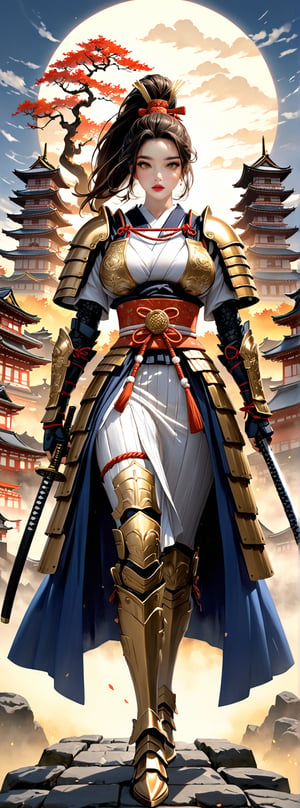 A 23 years old sexy and beautiful Japanese woman with big natural breasts, solo, cool, full body, is playing the role of a traditional Japanese samurai, wearing ((white and gold epic samurai armor)), her katana is decorated with the ancient four diamond totem, In the background are the towers of a Japanese castle.,Leonardo Style,warrior