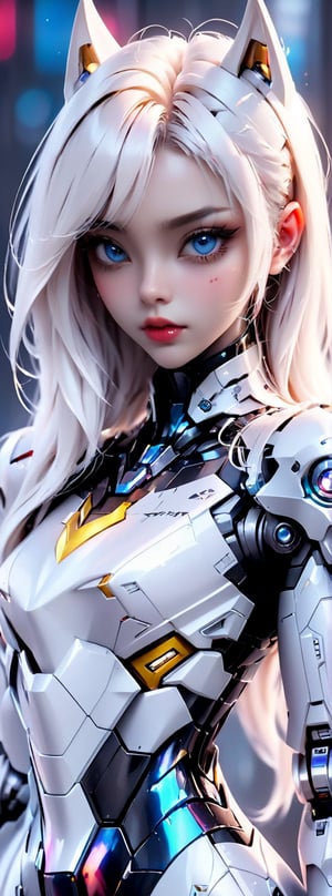 Best picture quality, high resolution, 8k, realistic, sharp focus, realistic image of elegant lady, Korean beauty, supermodel, pure white hair, blue eyes, wearing high-tech cyberpunk style blue Batgirl suit, radiant Glow, sparkling suit, mecha, perfectly customized high-tech suit, ice theme, custom design, 1 girl