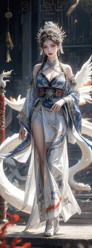 Realistic style,  cowboy_shot, on the stage of the ancient gorgeous theater, a 23-year-old Taiwanese beauty wears a Peking Opera actress's headdress, earrings, necklaces, bracelets, and a dark blue Peking Opera actress's short skirt made of top-quality silk Clothing (the clothing has exquisite white dragon and phoenix embroidery patterns), natural big breasts, bare feet, seductive smile, Peking Opera movements, panoramic view. (1girl: 1.4), (RAW photo, best quality), (real, photo real: 1.1), most Best Quality, Masterpiece, Beauty & Aesthetics, 16K, (HDR: 1.2), High Contrast, (Vivid Colors: 1.3), (Soft Colors, Dull Colors, Soothing Tone: 0), Cinematic Lights, Ambient Light, Side light, fine details and textures, cinematic shots, warm colors, (bright and intense: 1.1), wide angle shots, xm887, surreal illustration, Siena's natural proportions, silver hair, dynamic poses, body and hands The precise anatomy of four fingers and a thumb