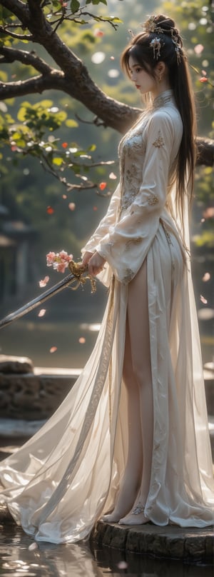 Score_9, score_8_up, score_7_up, A stunning scene unfolds: A single girl with long, flowing black hair adorned with a hair ornament stands tall, her upper body framed by a lush tree's branches. She wears a crisp white Chinese-style dress and holds a gleaming sword in one hand, its edge glinting in the soft light. Her other hand cradles a bouquet of delicate petals, as if plucked from the nearby flowers that fall gently around her like a natural veil. The air is serene, with the water's gentle lapping creating a soothing background hum. movie special effects style.