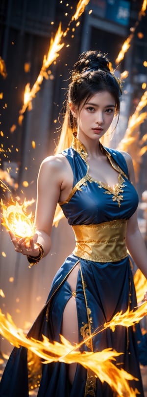 The realistic-style "Street Fighter" Chun-Li opens her hands in front of her chest and stares ahead (the storm of blue fireballs condensed in her palms is full of speed and thunder). The blue fireball storm is about to fly forward. The background is black. Intricate high detail painting, 45 degree side view, ultra quality, UHD, super resolution, Rembrandt lighting, 8k, hyper-realistic.,chun li,(thin),glowing forehead